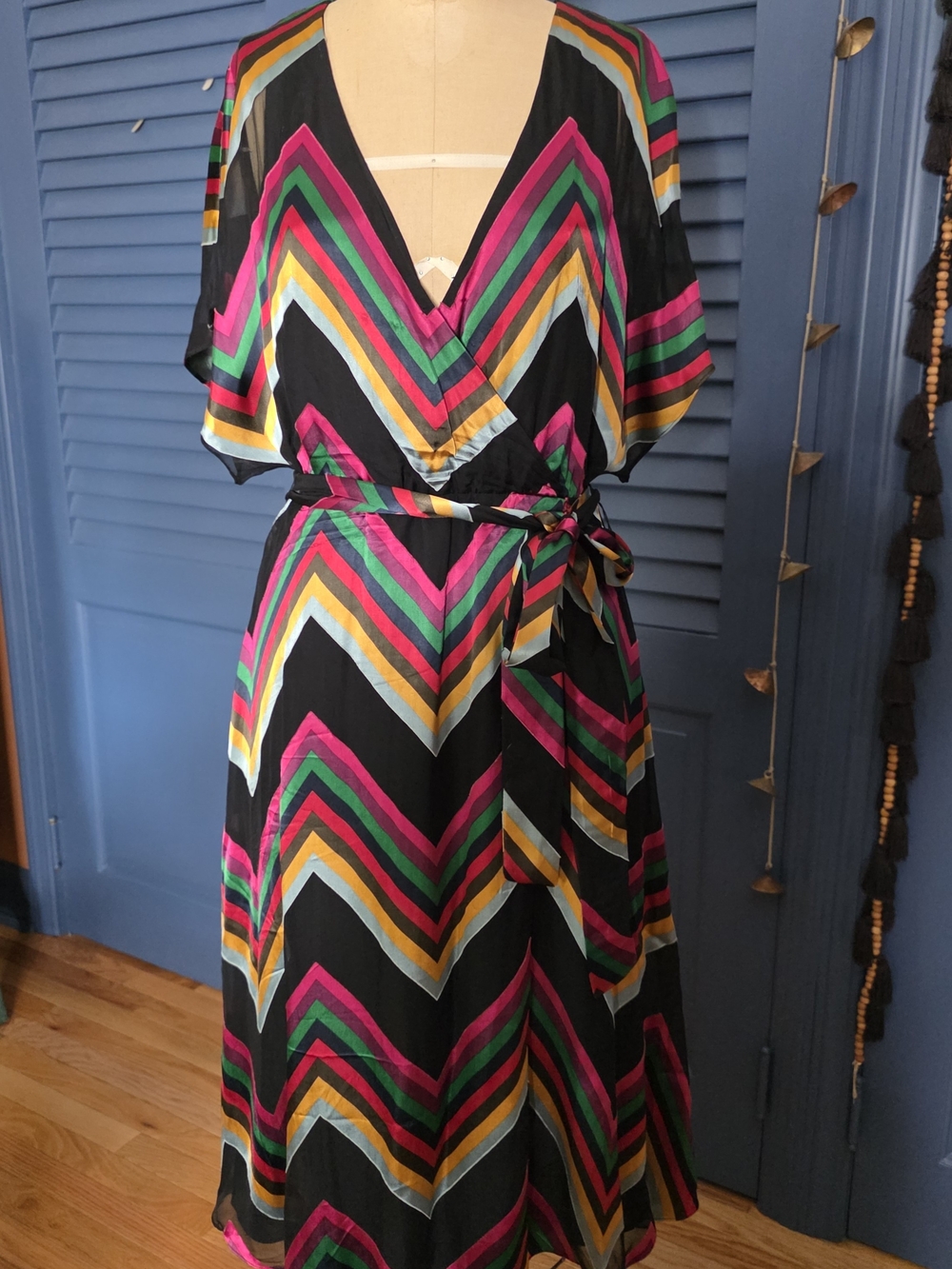 Alice + Olivia Lexa Silk Blend Rainbow Chevron Faux-Wrap Midi Dress - Size 10